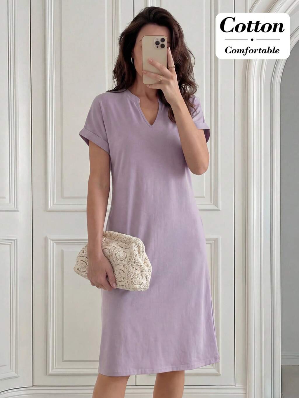 Vestido casual de manga corta de longitud media con cuello con muesca, bolsillo en diagonal y unicolor para mujer, vestido de verano, vestido hasta la rodilla, vestido de vacaciones, vestido para salir