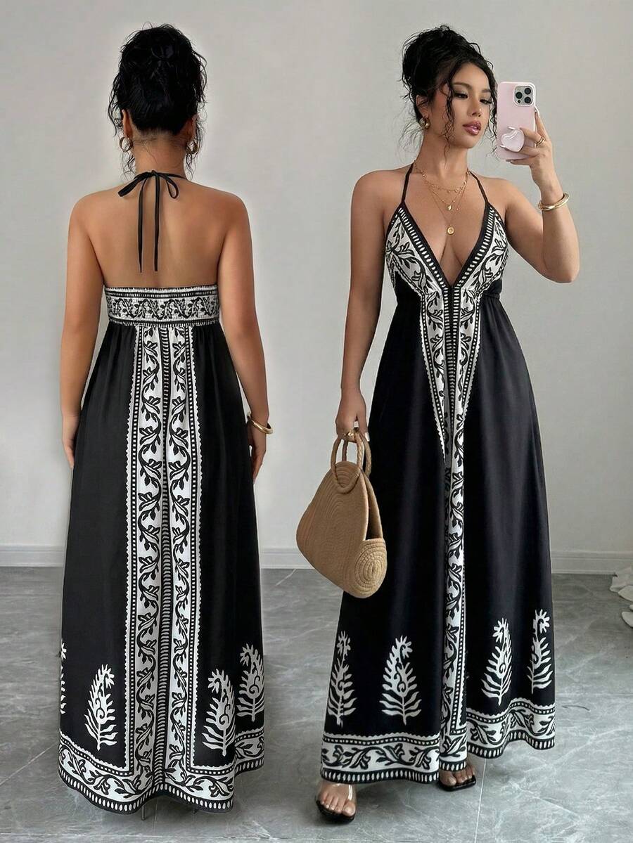 Selianne Váy cổ chữ V sâu in hoa dành cho nữ - màu đen - Xem 1