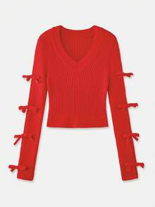 lacRébo Red Knit V-Neck Top With Open Sleeve Knots Girls' Night Out Valentines Day New Year Party Cute Red Top Going Out - Red - View 7