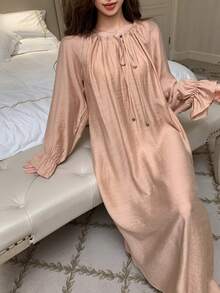 Elegant Pleated Tie Collar Loose Long Women Nightgown, Spring/Summer - Apricot - View 1
