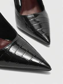 CUCCOO BIZCHIC Elegant Women Slingback Heels Textured Glossy Finish Pointed Toe Stiletto High Heel Pumps - Black - View 8