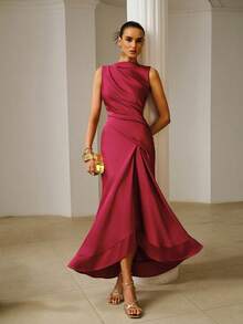 ZEYLAH Asymmetrical Ruched Dress, Spring/Summer - Burgundy - View 1