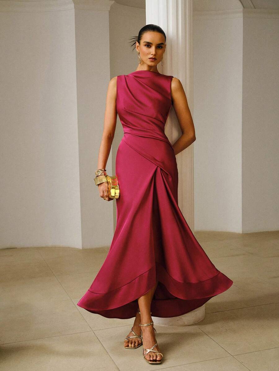 ZEYLAH Asymmetrical Ruched Dress, Spring/Summer - Burgundy - View 1