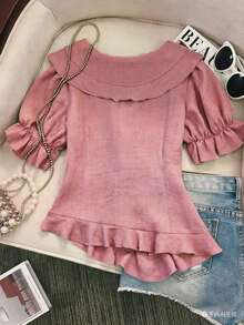 Lyxana Women's Blue Denim Effect Ruffle Trim Short Sleeve Blouse - Dusty Pink - View 2
