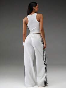 Normani Black And White Summer Streetwear Women's 2 Pieces Outfit,Knitted Vest And Baggy Tracksuit Trousers Set,Casual Y2k 90s Gym Track Suit For Club Rave - White - View 3