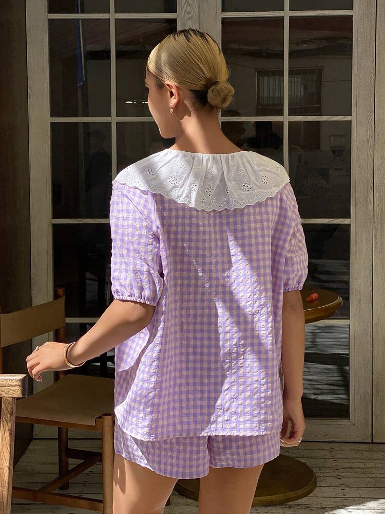 2pcs Lace Patchwork Plaid Loose Short Sleeve Shorts Pajama Set For Women, Summer