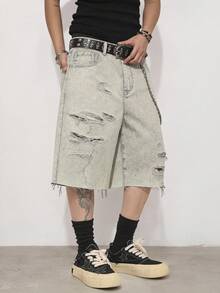 Manfinity EMRG Men's Casual Washed Distressed Denim Shorts - Light Grey - View 5