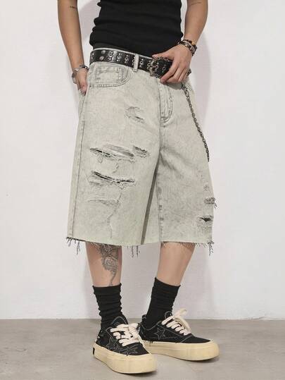 Manfinity EMRG Men's Casual Washed Distressed Denim Shorts