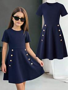 Vestido de punto de manga corta con cuello redondo y botón en la cintura, elegante y apropiado para ir al trabajo, para niñas preadolescentes, primavera/verano - Azul - Ver 1