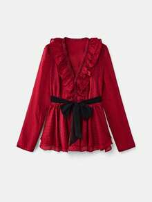 lacRébo Áo kiểu organza chấm bi màu đỏ tía, xếp nếp, cổ chữ V, dáng peplum, tay dài và thắt lưng đen có thể tháo rời, thanh lịch cho mùa xuân hè, ngày lễ tình nhân, năm mới, tiệc sinh nhật. - Nhiều màu - Xem 7