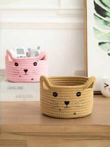 Woven Storage Basket Cat Shape Remote Control Organizer Desktop Cosmetic Holder Multifunctional Catchall Tray - Multicolor - View 5
