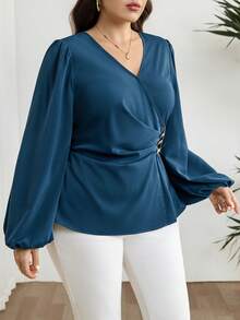 Modelyn Plus Size Women's Solid Color V-Neck Lantern Sleeve Pleated Design Elegant Blouse Gym Brown Autumn - Blue - View 7