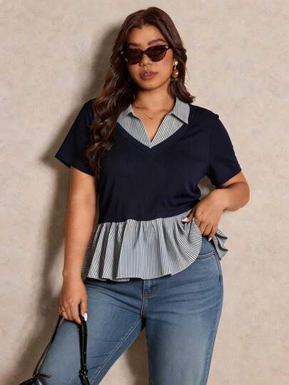 Elaquor Áo thun tay ngắn dáng peplum kẻ sọc cỡ lớn, thích hợp mặc mùa hè.