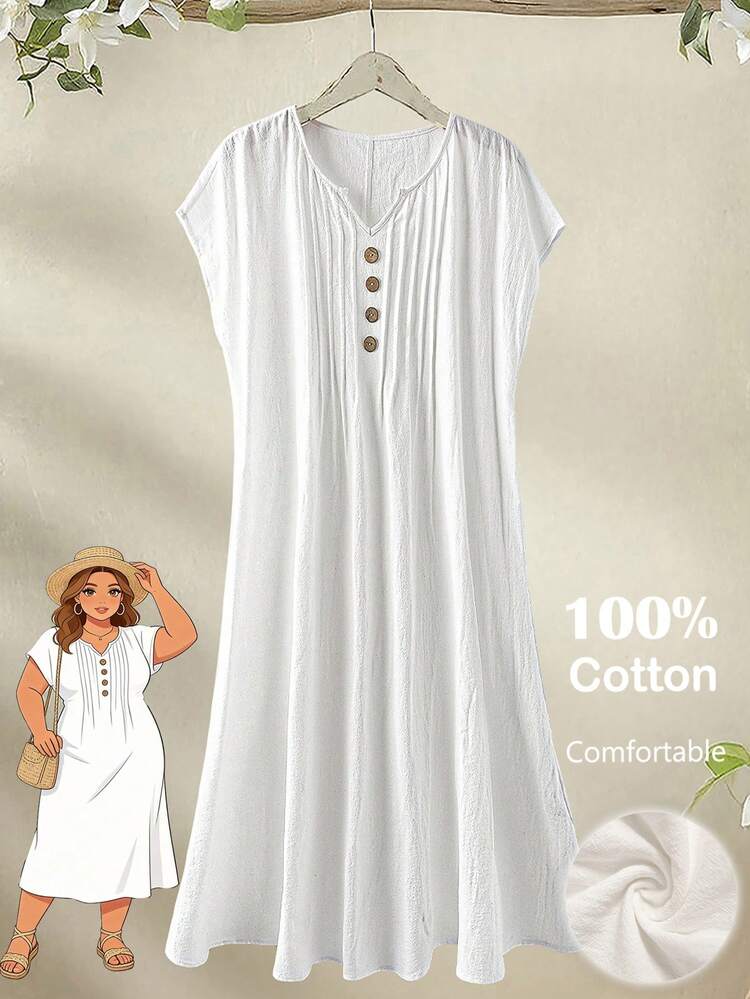 Plus Size Women's Casual V-Neck Button Design White Dress,Summer Dresses For Women,Spring Outfit Women ,Spring Dresses ,Vacation Dresses,Vacation Outfits,Women's Dress White Casual Dress Casual Dresses For Women Summer Women Casual Dresses Women's Summer Dresses Women's Home Clothes Cheap Dresses For Ladies White Dress For Women Whitedress For Women