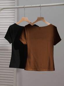 SHEIN EZwear 2件套女士方领短袖休闲修身性感T恤，适合夏季穿着 - 彩色 - 查看 2