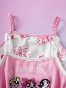 THE POWERPUFF GIRLS X SHEIN 女婴蝴蝶结装饰吊带连体衣， - 粉色 - 查看 3
