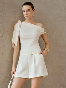 MOTF PREMIUM SOLID KNOT ASYMMETRICAL SHOULDER METAL BUTTERFLY SLIM FIT TOP - Apricot - View 5
