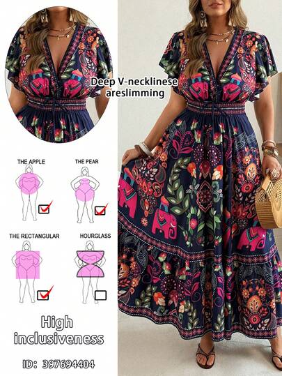 Ceyna Plus Size Women's New Summer Bohemian Style Printed Casual Dress, Flutter Sleeve Waist Dress, Deep V-Neck Maxi Dress With Flowy, Fitted Flared Maxi Dress Women Vacation Dress Bohemian Curve Dress Curve Summer Dresses Boho Maxi Dress Plus Size Boho Dress Bohemian Maxi Dress Bohemian Clothes Curve Beach Dress Plus Size Plus Size Vacation Dress