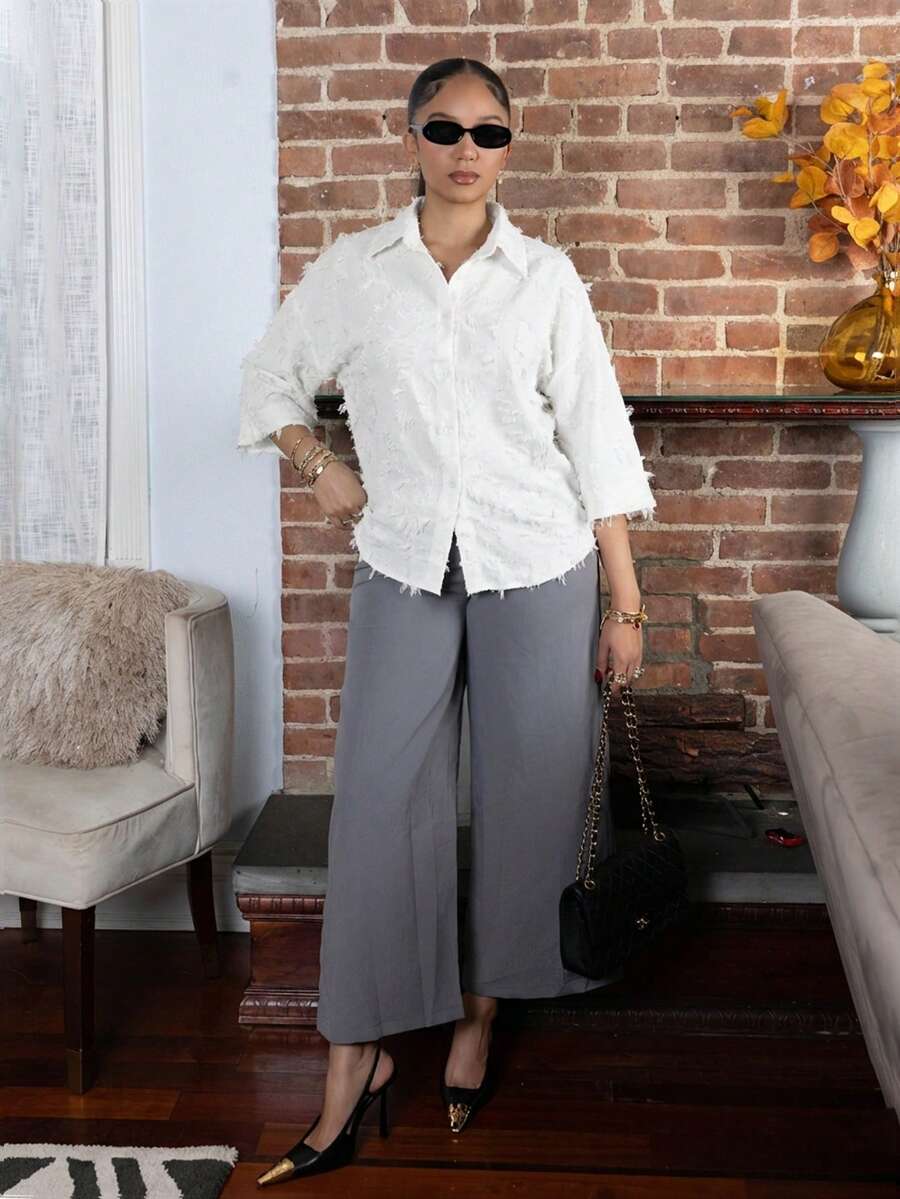 Melissa Matos 3/4 Sleeve Olive Green Shirt, Simple Cut, Loose Fit, Classic Collar, Comfortable To Wear - White - View 1