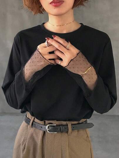 FRIFUL 纯色拼接薄纱波点网眼宽松休闲百搭T恤