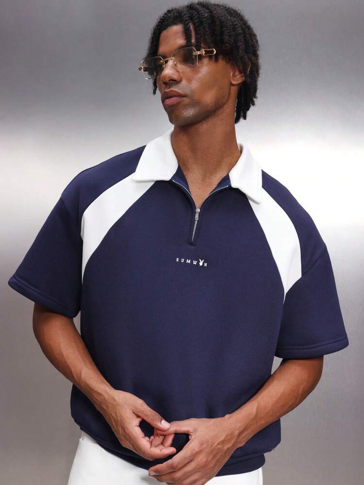 PLAYBOY X SUMWON Men's Navy Color Block Short Sleeve Zip Polo Shirt With White Contrast Panels Brand Regular Fit Casual Sportswear Top