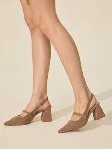 CUCCOO BASICS Women's Fashion Fabric Back Strap Chunky Heel Pointed Toe PU Leather Casual Slingback Pumps, Suitable For Commuting, Date, Party, Vacation For Christmas Spring Shoes - Khaki - View 3
