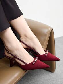 CUCCOO BIZCHIC Elegant Women's Pointed Toe Mid-Heel Pumps, Backless Design, Metal Embellishment, Textured Vamp, Commuting Shoes - Red - View 4