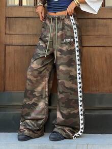 Muchica Damen Lässig Mode Street Camouflage Stern Muster Kordelzug Taille Gerade Bein Hose - Verschiedenfarbig - Übersicht 2