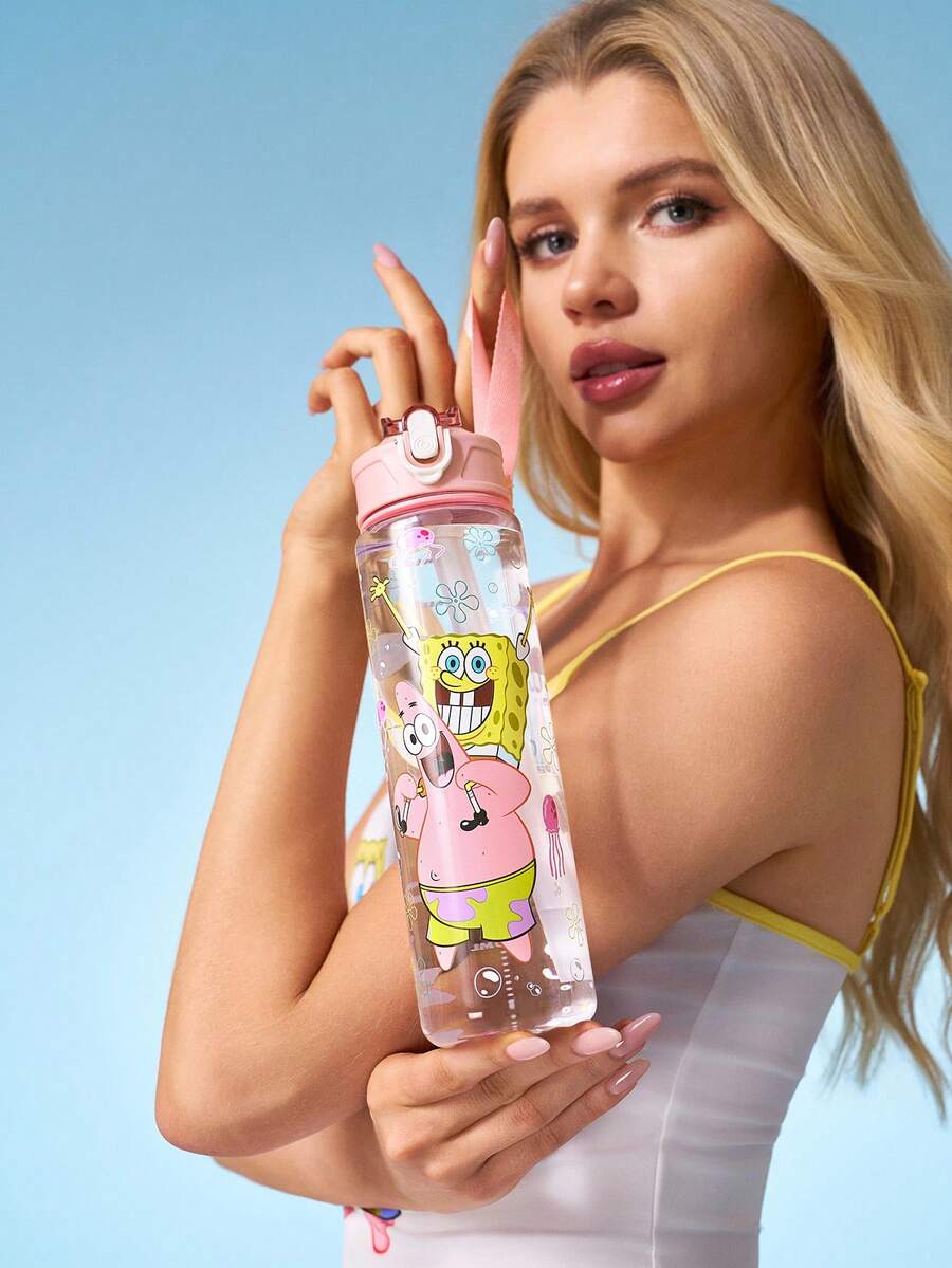 SpongeBob SquarePants | SHEIN Bình nước 750 ml (25oz) có ống hút silicon và nắp chống tràn, thích hợp cho du lịch, tham quan và học tập. Chất liệu nhựa. - Hồng - Xem 1