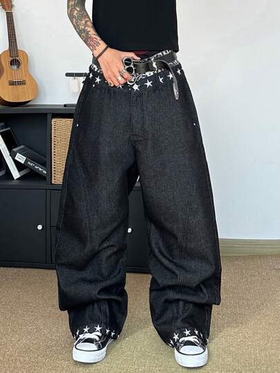 STEELVANCE 复古街头风时尚百搭豹纹腰带设计星星刺绣宽松直筒休闲牛仔裤