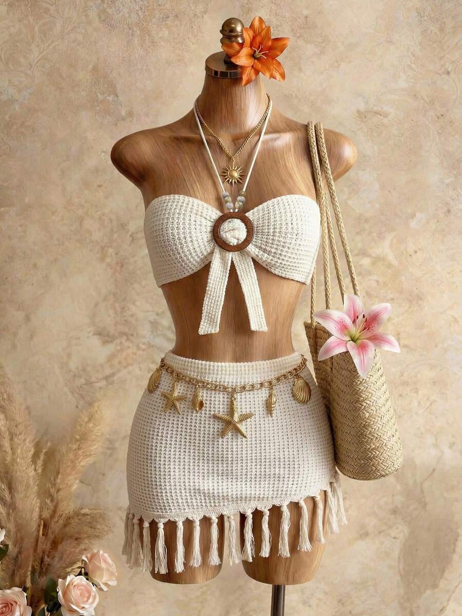 Bellisia 女士米色抹胸上衣套装,系带抹胸上衣套装。流苏装饰,热带性感露背短款上衣,适合日常穿着、海滩度假、音乐节、演唱会、郊游、海滩假日、叠穿、节日、生日、单身派对、正式活动、辣妹风、休闲日、庆祝活动、叠穿 - 米色 - 查看 1