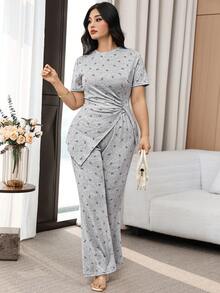 Feyla Plus Size Summer Casual Bow Print T-Shirt And Pants 2 Pieces Set Two Piece Casual Sets Latest Outfit For Women - Multicolor - View 3