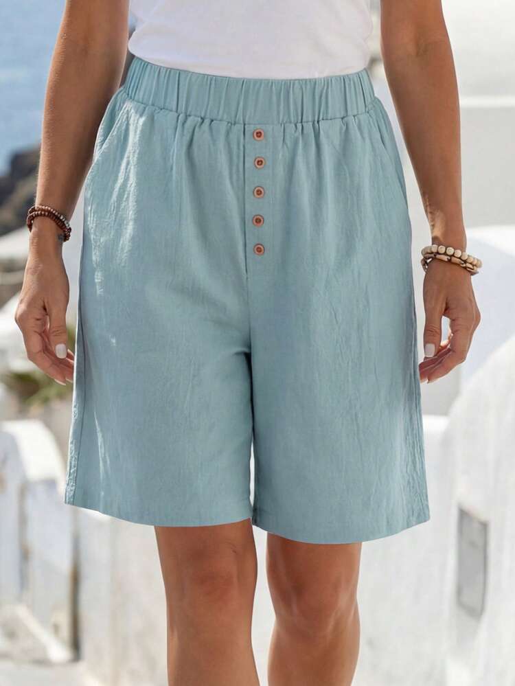 Faunlyn Women's Summer Solid Color Elastic Waist Pocket Casual Shorts - Green - View 4