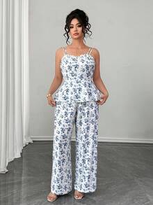 Elenzga Fashion Blue Floral Print Camisole - Summer Elegant Women's Suit - White - View 4