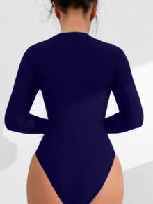 Swim Basics 女士纯色长袖拉链连体泳衣，休闲度假 - 藏蓝色 - 查看 2
