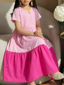 SHEIN Young Girl Woven Floral Contrast Lace Embroidery Hem A-Line Dress, National Floral Rose Patchwork , Short Sleeve, Spring And Summer,Suitable For Girls Daily Wear, Festivals, Vocation,Holidays,Family Gatherings And Special Occasions, Sibling Outfits Sisters Style Outfit, Spring And Summer,Cute & Elegant & Sweet & Vintage & Fashionable. - Hot Pink - View 5