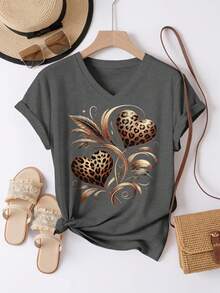 EMERY ROSE Vintage Leopard Print Heart & Feather Graphic Round Neck Short Sleeve V-Neck Casual T-Shirt For Women, Summer - Dark Grey - View 3