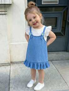 SHEIN Playful Pals Baby Girl Cute Pinafore Dress,Blue And White Stripe Autumn 2 In 1 Dress With Ruffle T-Shirt,3D Floral Fresh Style For Family Matching Outings - Baby Blue - View 3