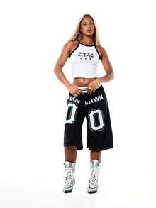 SUMWON WOMEN Contrast Raglan Sleeveless Tank Top With She's A Keeper Graphic Print And Star Detail, World Cup 2026 Sporty Game Streetwear Jersey - Black and White - View 4