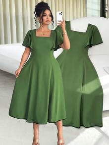 SHEIN Elenzya 优雅夏季女式连衣裙，采用大号梭织面料制成 - 綠色 - 查看 3