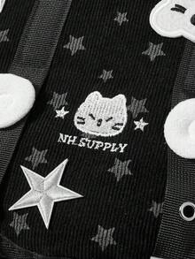 ROMWE Grunge Punk 1个朋克学院风小猫星星翅膀猫爪装饰设计多口袋条纹星星黑色背包，时尚休闲男女通用大容量背包，适合通勤、上学、度假等场合，可搭配其他物品。 - 灰黑色 - 查看 12
