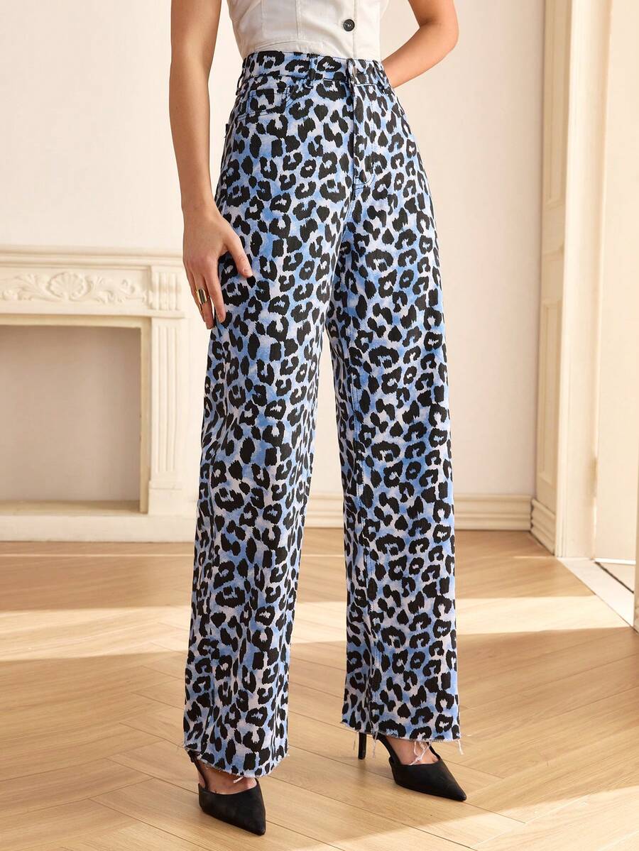 CLARA VERO 100% Cotton MID RISE WIDEEG CUT LEOPARD JEAN - Multicolor - View 1