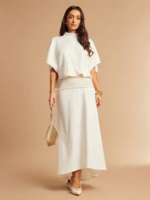 Silquee Beige Fledermausärmel Midi-Kleid mit Pilzknöpfen, rückenfreie und gerüschte Saum Dekoration, elegant und sexy, geeignet für romantische Dates, Strandurlaub, Hochzeit, Valentinstag, Weihnachten, Silvester, formelle Party - Weiss - Übersicht 3