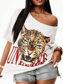 Coolane Women Plus Size White Summer Casual Everyday Oversized T-Shirt,Leopard Graphic Print Asymmetrical Neck Short Sleeve Pullover Top,Y2K Streetwear - White - View 2