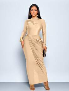 SOLERSUN 性感优雅的扭结装饰扣侧褶叠层假两件式派对礼服 - 卡其色 - 查看 4