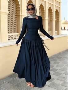 Elenzga 新款女式斜领长袖褶皱领结设计A字腰收腰显瘦度假休闲优雅长裙，春秋 - 寶藍色 - 查看 8