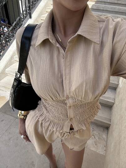 Siren Gaze Women's Solid Color Single-Breasted Pleated Short Sleeve Top And Shorts Casual Daily 2-Piece Set Chic Casual Two-Piece Outfit With Shirt Collar Blouse And Matching Elastic Waist Shorts Khaki Yellow Two Piece Set Two Piece Set Women Short Sleeve Top With Shorts Low Waist Wide Leg Straight Baggy Smocked Two Piece Set, Collared Half Sleeve Peplum Blouse  High Waist Shorts Design Perfect For Beach Vacation Brunch Casual Outings, Sweet Casual 2026 Spring/Summerspring Summer Clothes Outfit  Festival Outfits For Women Easter Party Elegant Beach Outfits Wedding Guest For Women Graduation Outfit Casual Holiday Outfits Vacation Outfits Summer Holiday Outfits Sports Social Blouse  Formal  Luxury  Y2k Business Office Wear For Women Work Wear Women Country Concert Outfit Country Concert Outfit