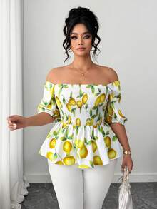 SHEIN Clasi Plus Size Women's Lemon Print Peplum Top,Elegant White Boho Lantern Sleeve Blouse, Retro Summer Holiday,Picnic Casual Tops - Multicolor - View 5