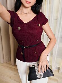 Modelyn Áo nữ dệt kim hai hàng cúc màu đỏ rượu vang - Màu Đỏ Sâu - Xem 3