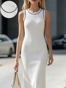 Breezaya Elegant Black And White Summer Office Bodycon Dress,Women's Round Neck Contrast Trim Ribbed Knit Maxi Dress,French Chic Sleeveless Slim White Dress - White - View 8